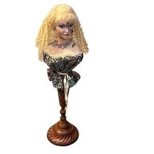 Victorian Porcelain Blonde Hair Blue Eyes‎ Doll Torso Bust With Hat On Stand 1